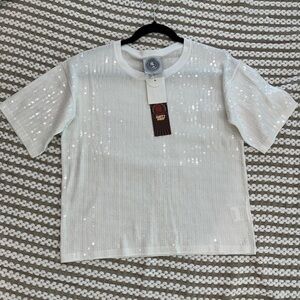 Happy sheep white sequin cotton sweater short sleeve t shirt top. Size small NWT